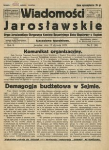 Wiadomości Jarosławskie : organ Jarosławskiego Okręgowego Komitetu Bezpartyjnego Bloku Współpracy z Rządem. 1929, R. 2, nr 2 (styczeń)
