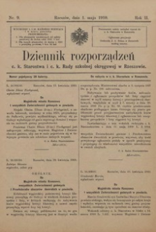 Dziennik rozporządzeń c. k. Starostwa i c. k. Rady szkolnej okręgowej w Rzeszowie. 1910, R. 2, nr 9