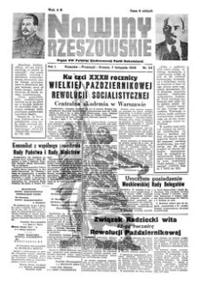 Nowiny Rzeszowskie : organ KW Polskiej Zjednoczonej Partii Robotniczej. 1949, R. 1, nr 54 (7 listopada)