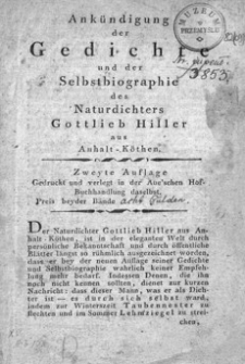 Ankündigung der Gedichte und der Selbstbiographie des Naturdichters Gottlieb Hiller aus Anhalt-Köthen