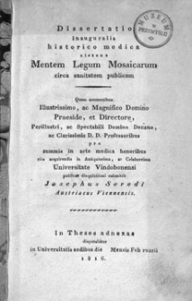 Dissertatio inauguralis historico medica sistens Mentem Legum Mosaicarum circa sanitatem publicam