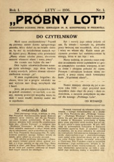 Próbny Lot : czasopismo uczennic Pryw. Gimnazjum im. M. Konopnickiej w Przemyślu. 1936, R. 1, nr 1 (luty)