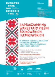 Warsztaty pieśni bojkowskich i łemkowskich w ramach Festiwalu kultury polsko-ukraińskiej „W stronę źródeł naszych wspólnych korzeni” [Plakat]