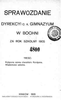Sprawozdanie Dyrekcyi C. K. Gimnazyum w Bochni za rok szkolny 1905